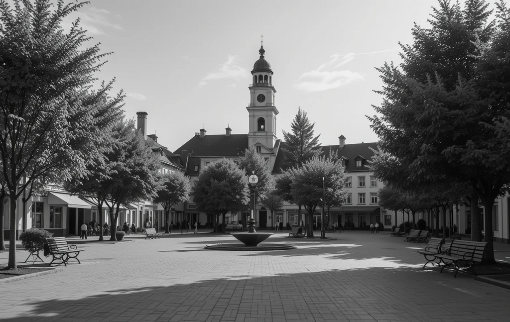 The serene town square with a central fountain, clock tower, and trees
