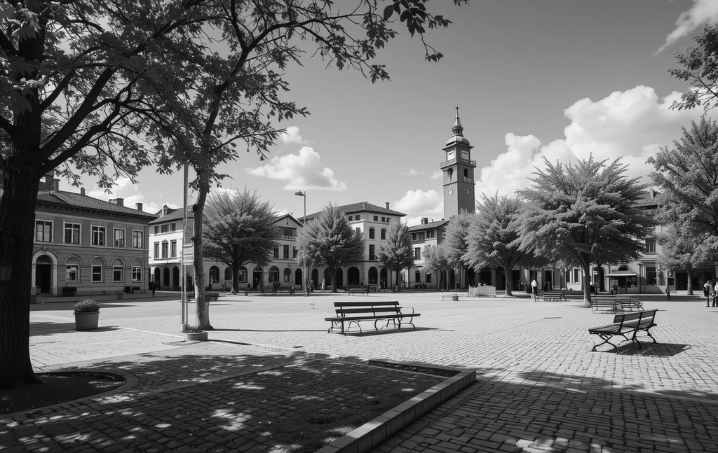 The serene town square with a central fountain, clock tower, and trees