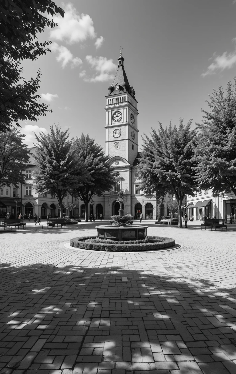 The serene town square with a central fountain, clock tower, and trees