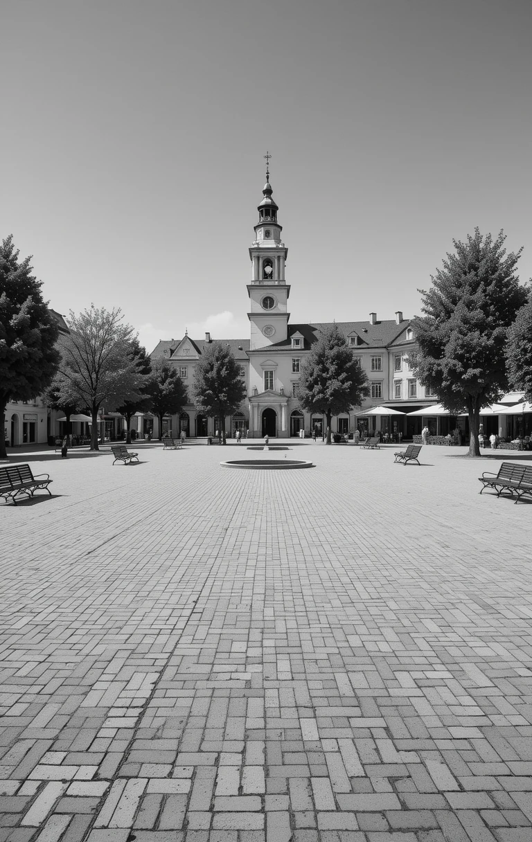The serene town square with a central fountain, clock tower, and trees