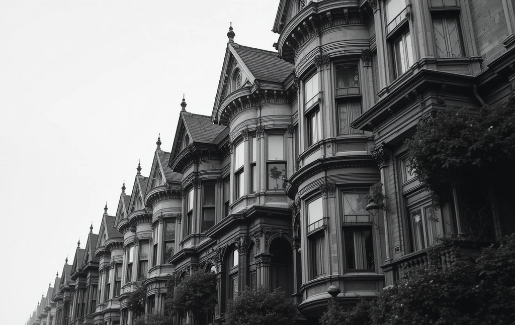 The ornate row of historic townhouses with intricate architectural details