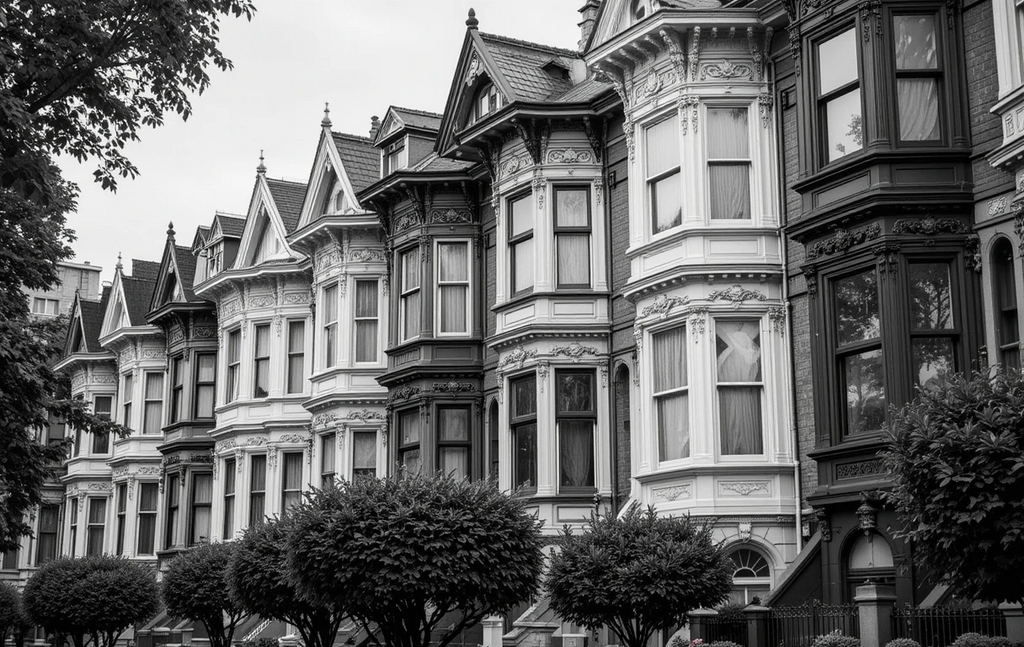 The ornate row of historic townhouses with intricate architectural details