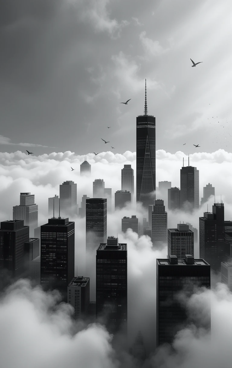 The skyscrapers emerging from thick fog with birds flying above