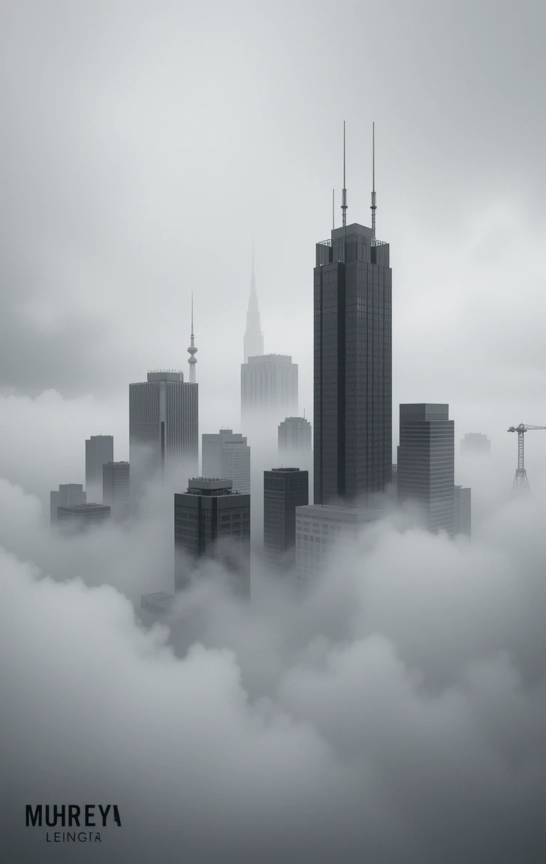 The skyscrapers emerging from thick fog with birds flying above