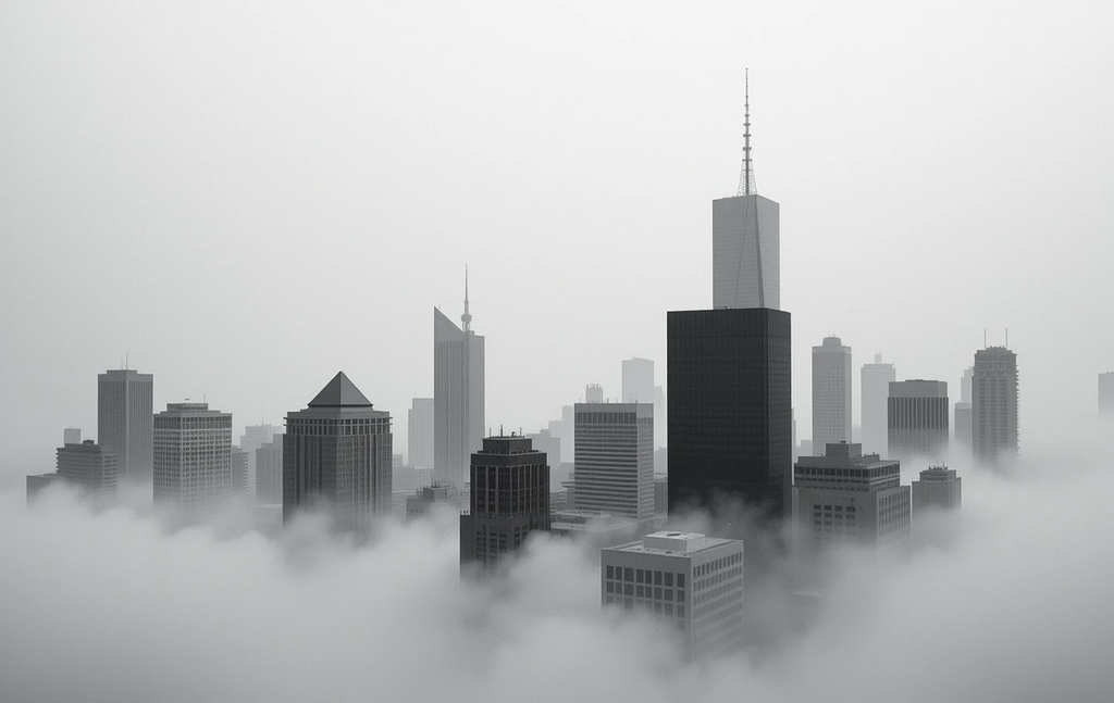 The skyscrapers emerging from thick fog with birds flying above