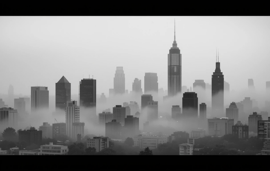 The skyscrapers emerging from thick fog with birds flying above