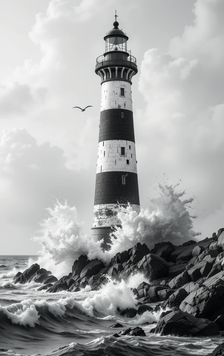 The striped lighthouse standing strong against crashing waves