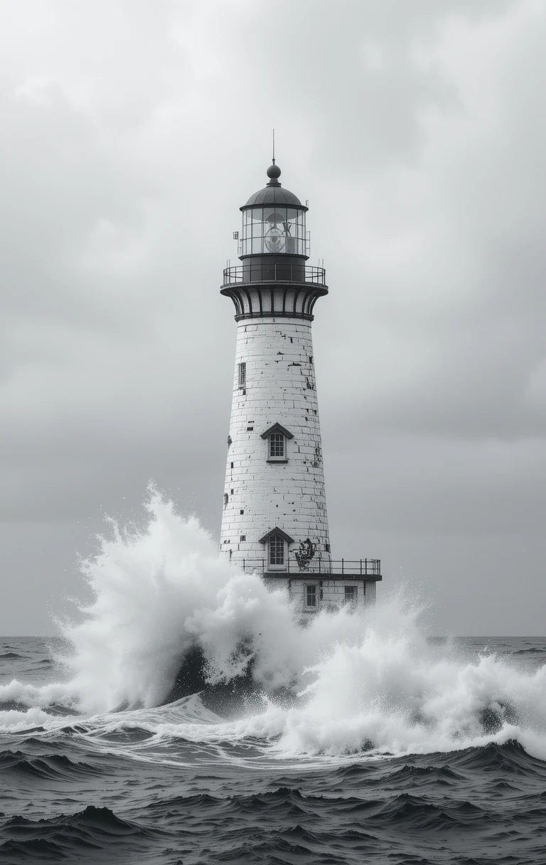 The striped lighthouse standing strong against crashing waves
