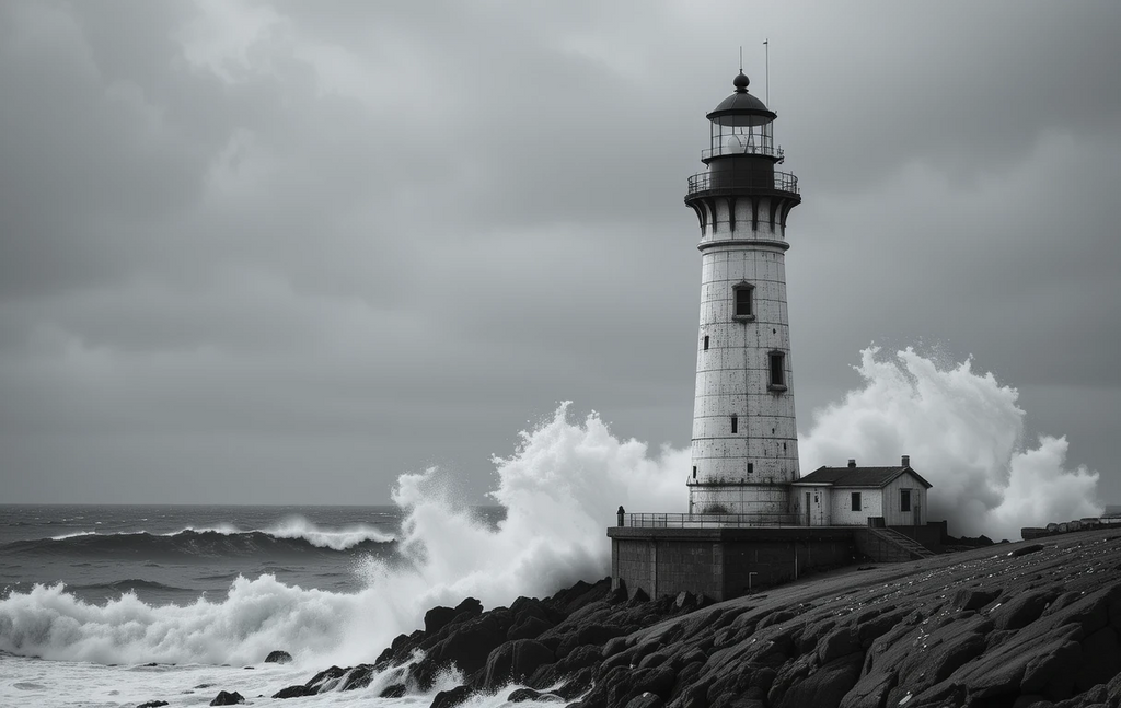 The striped lighthouse standing strong against crashing waves