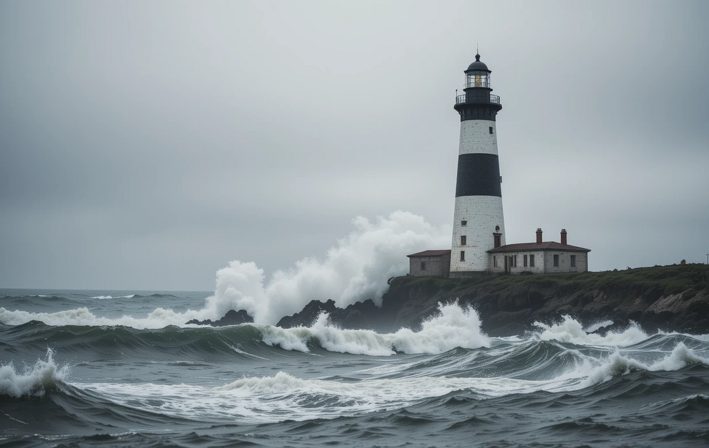 The striped lighthouse standing strong against crashing waves