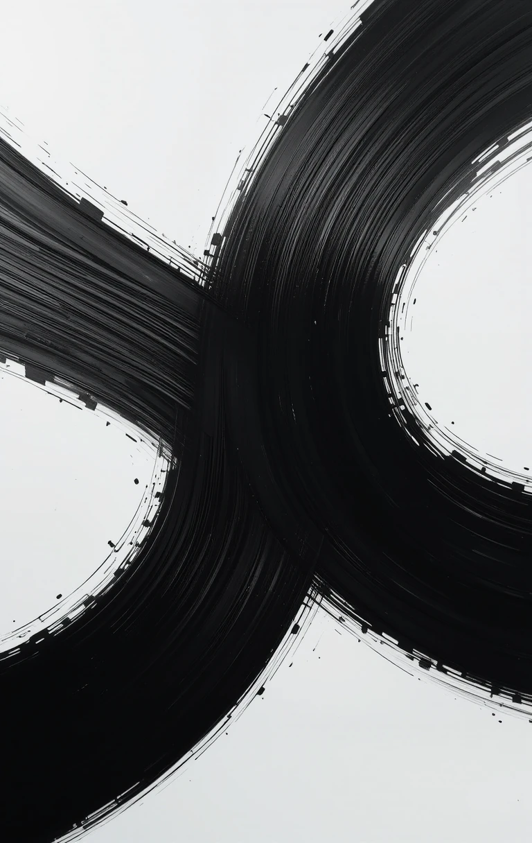 The bold, sweeping black brushstroke forming an elegant abstract loop