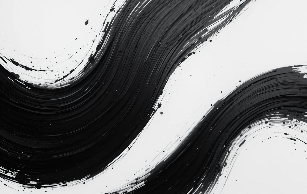 The bold, sweeping black brushstroke forming an elegant abstract loop