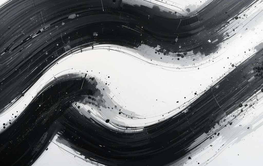 The sweeping brushstroke with splatters feels like flowing ink descending
