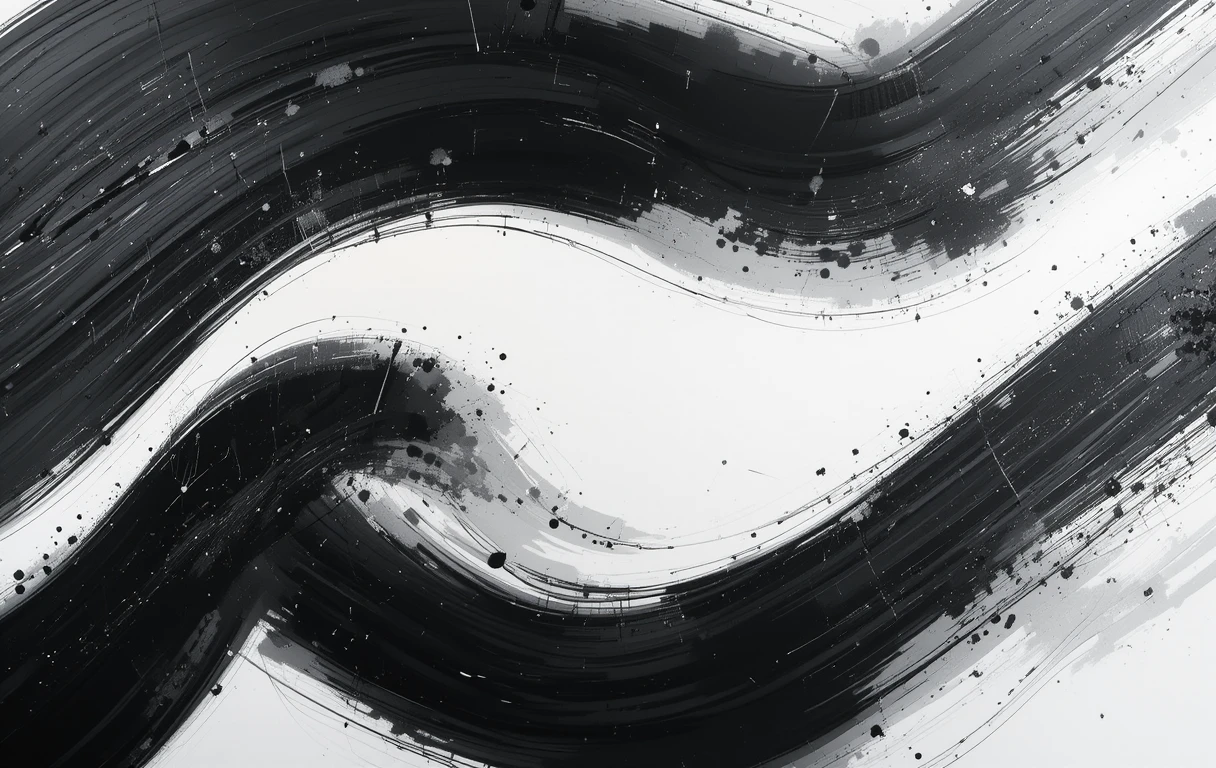 The sweeping brushstroke with splatters feels like flowing ink descending