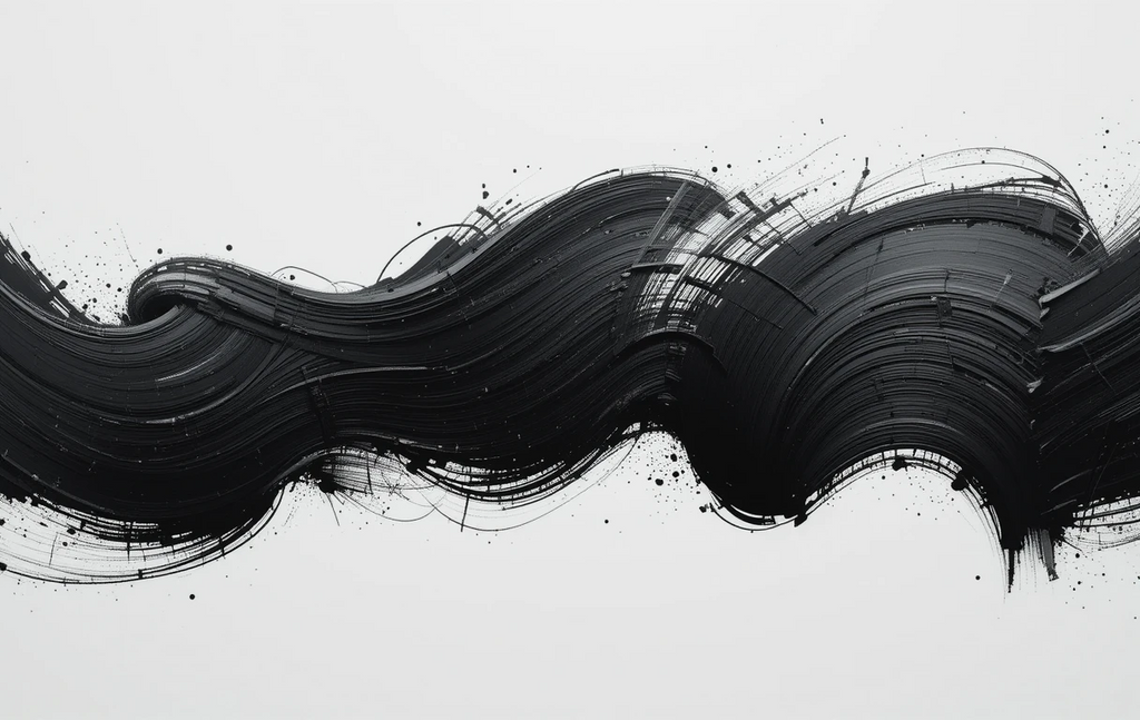 The sweeping brushstroke with splatters feels like flowing ink descending