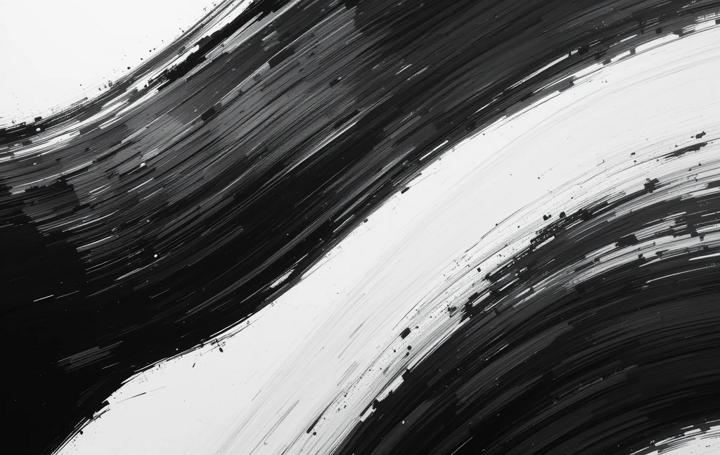 The sweeping brushstroke with splatters feels like flowing ink descending