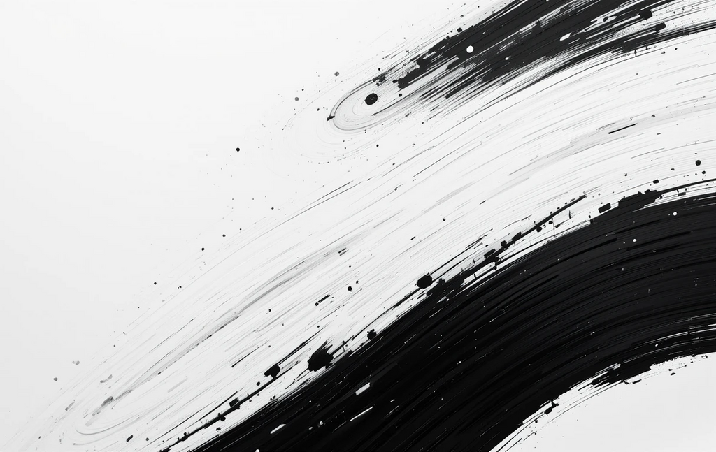 The sweeping brushstroke with splatters feels like flowing ink descending