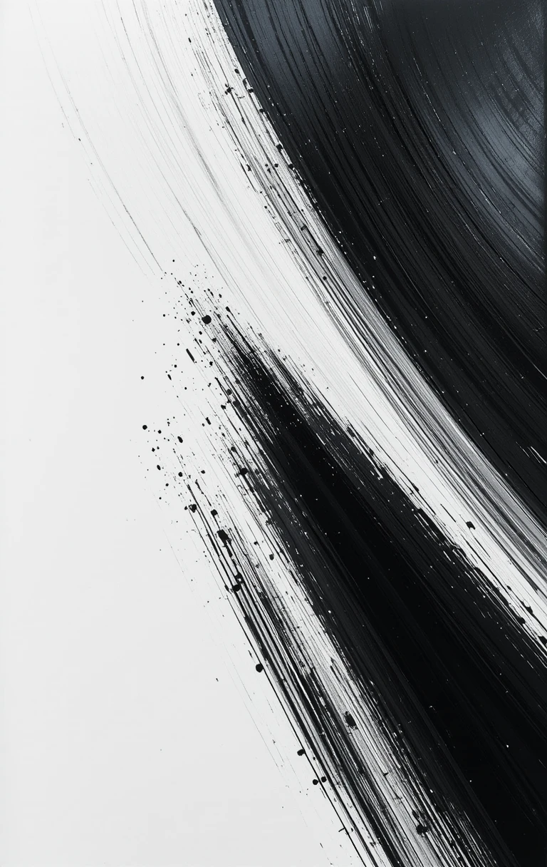 The sweeping brushstroke with splatters feels like flowing ink descending