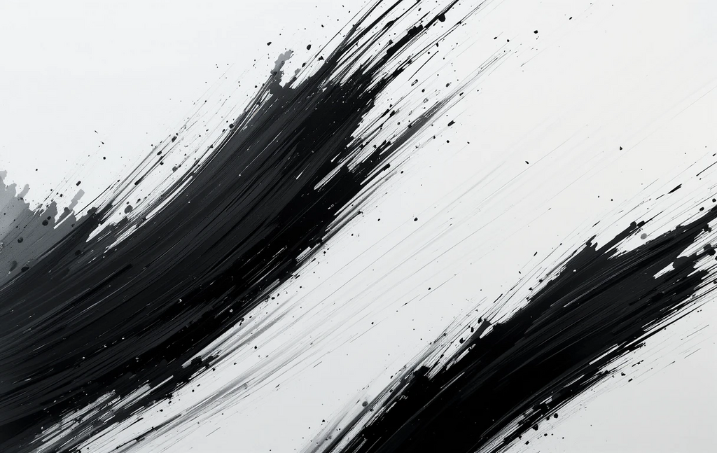 The sweeping brushstroke with splatters feels like flowing ink descending