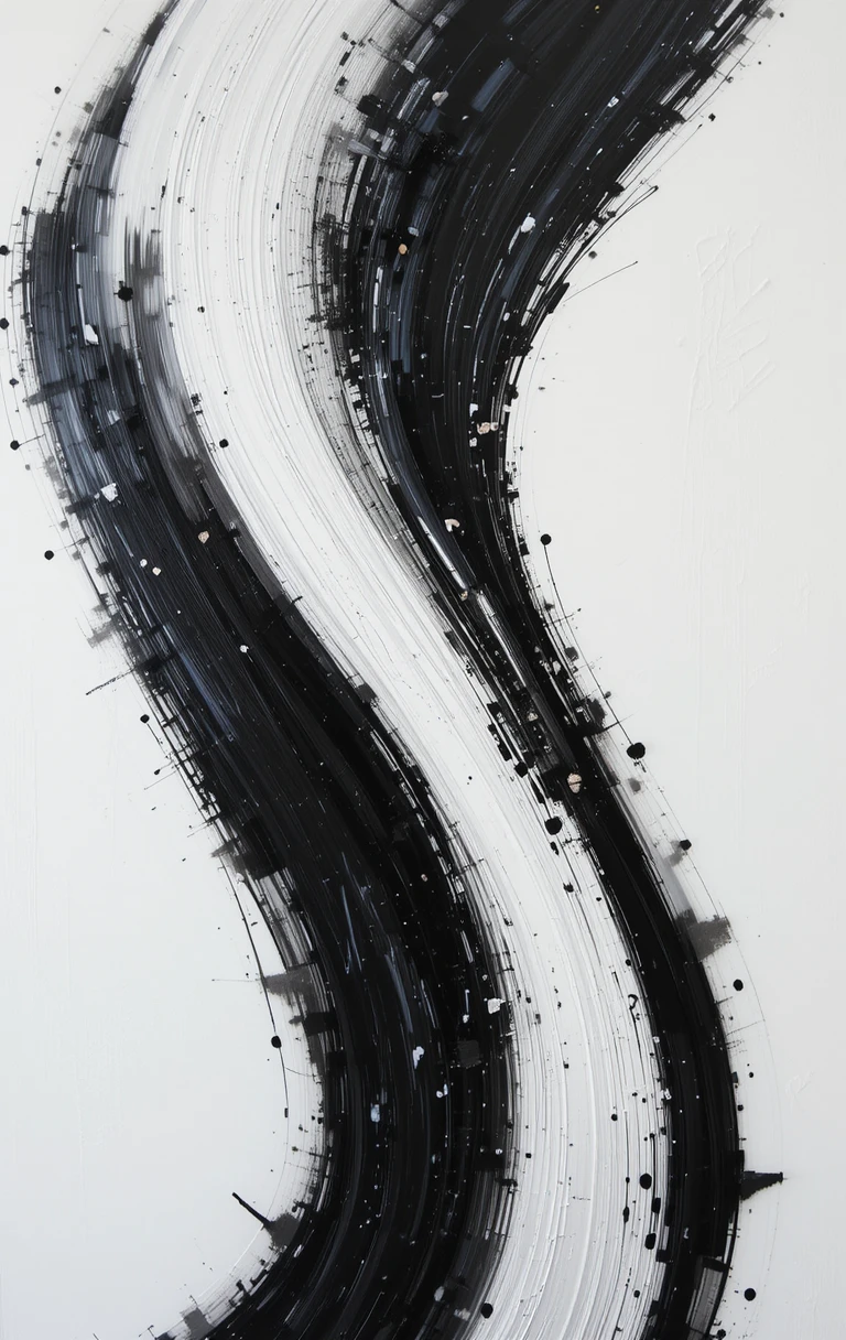 The sweeping brushstroke with splatters feels like flowing ink descending