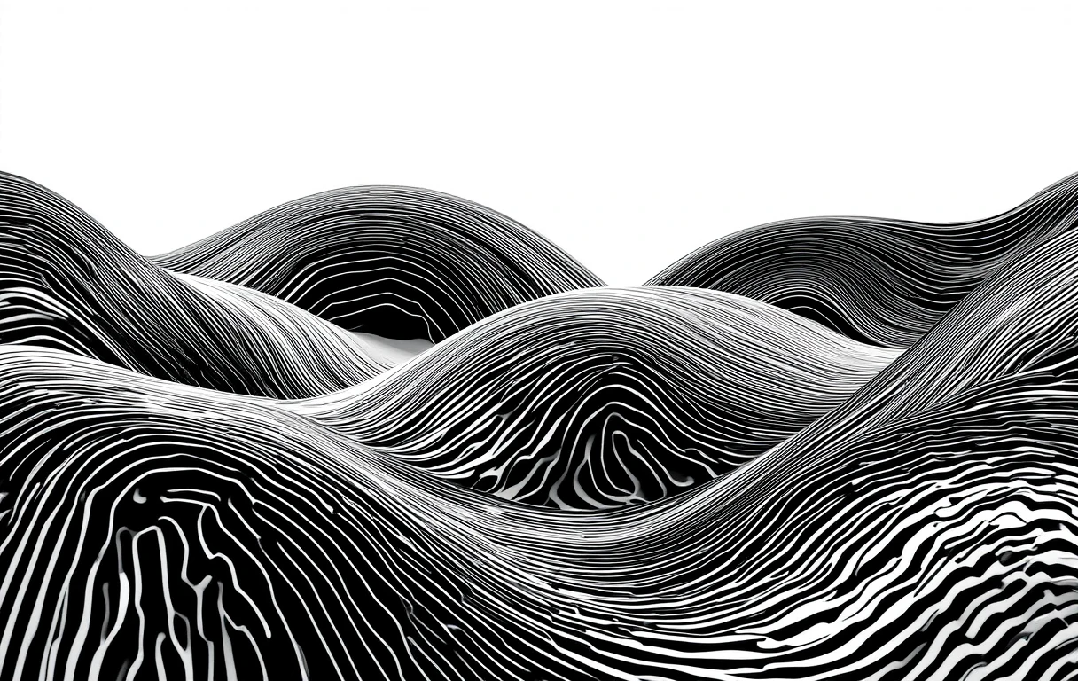 The glossy, ribbon-like undulating forms evoke polished metal waves.