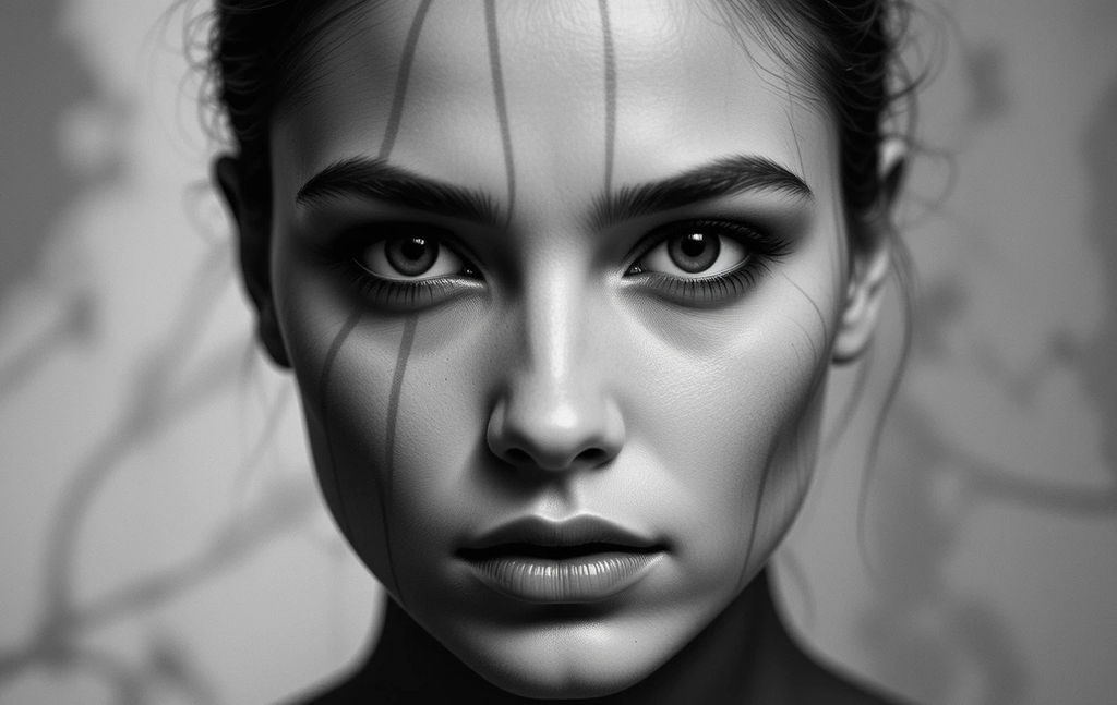 The close-up woman's face with dramatic lighting
