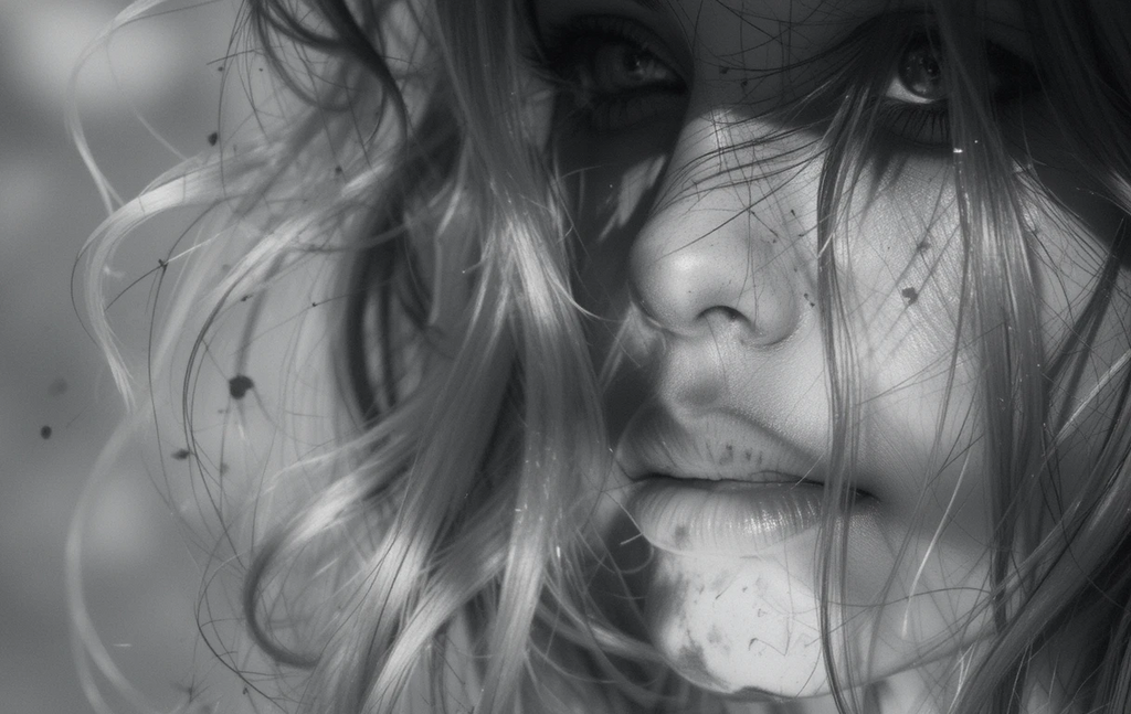 The close-up woman's face with dramatic lighting