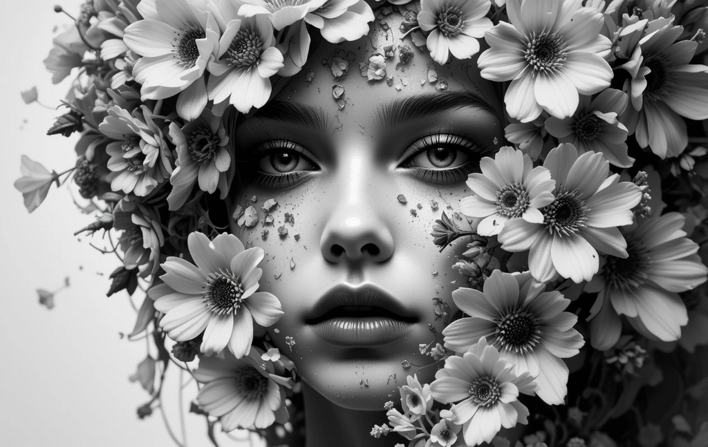 The woman's face surrounded by flowers