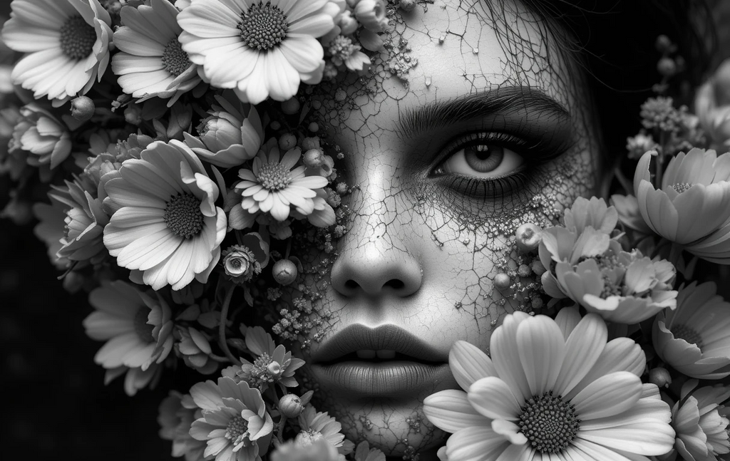 The woman's face surrounded by flowers