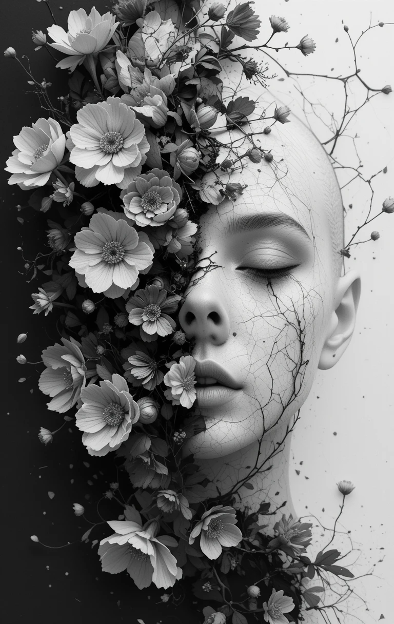 The woman's face surrounded by flowers