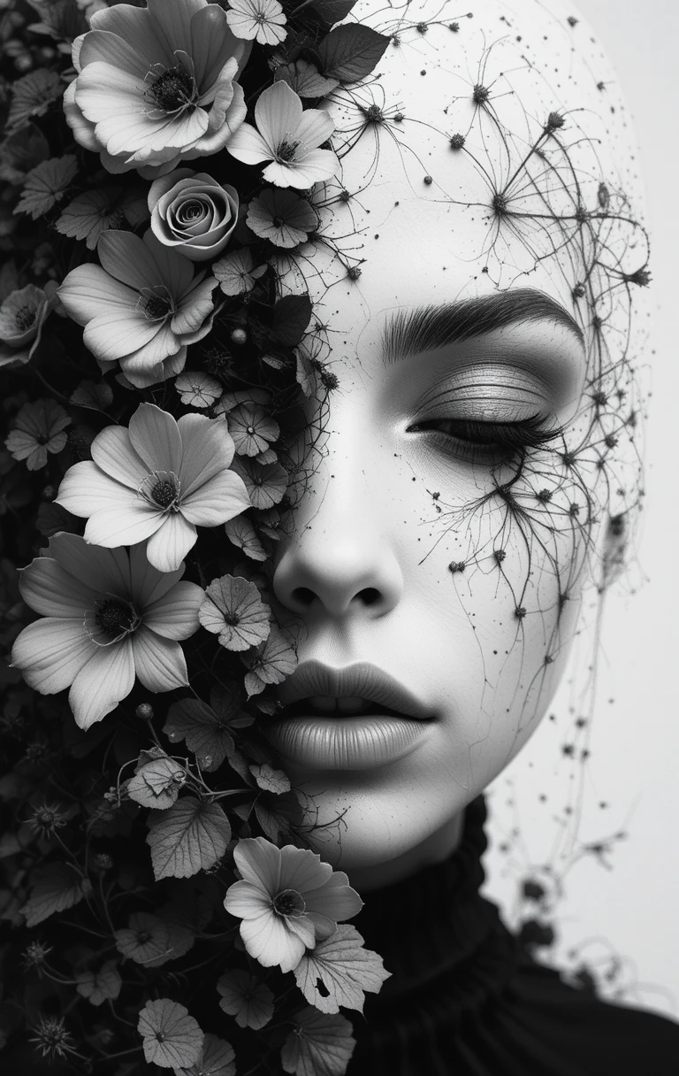The woman's face surrounded by flowers