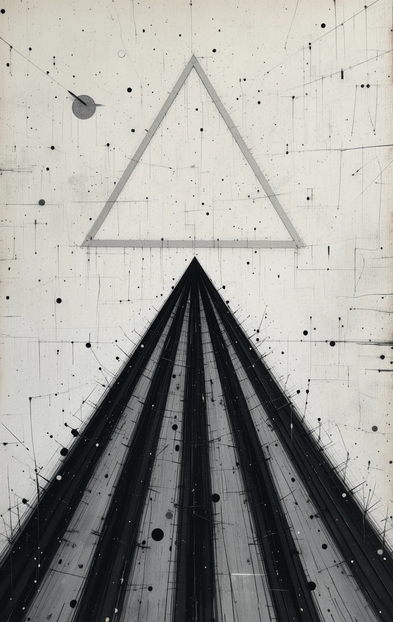 The inverted triangle with radiating lines and floating orbs