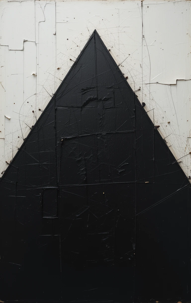 The inverted triangle with radiating lines and floating orbs