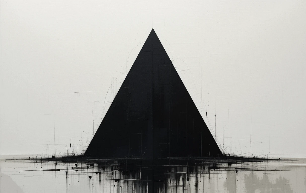 The inverted triangle with radiating lines and floating orbs