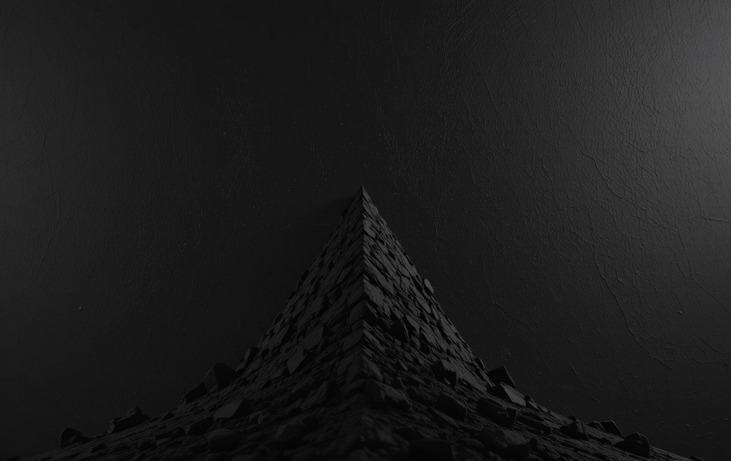 The inverted triangle with radiating lines and floating orbs