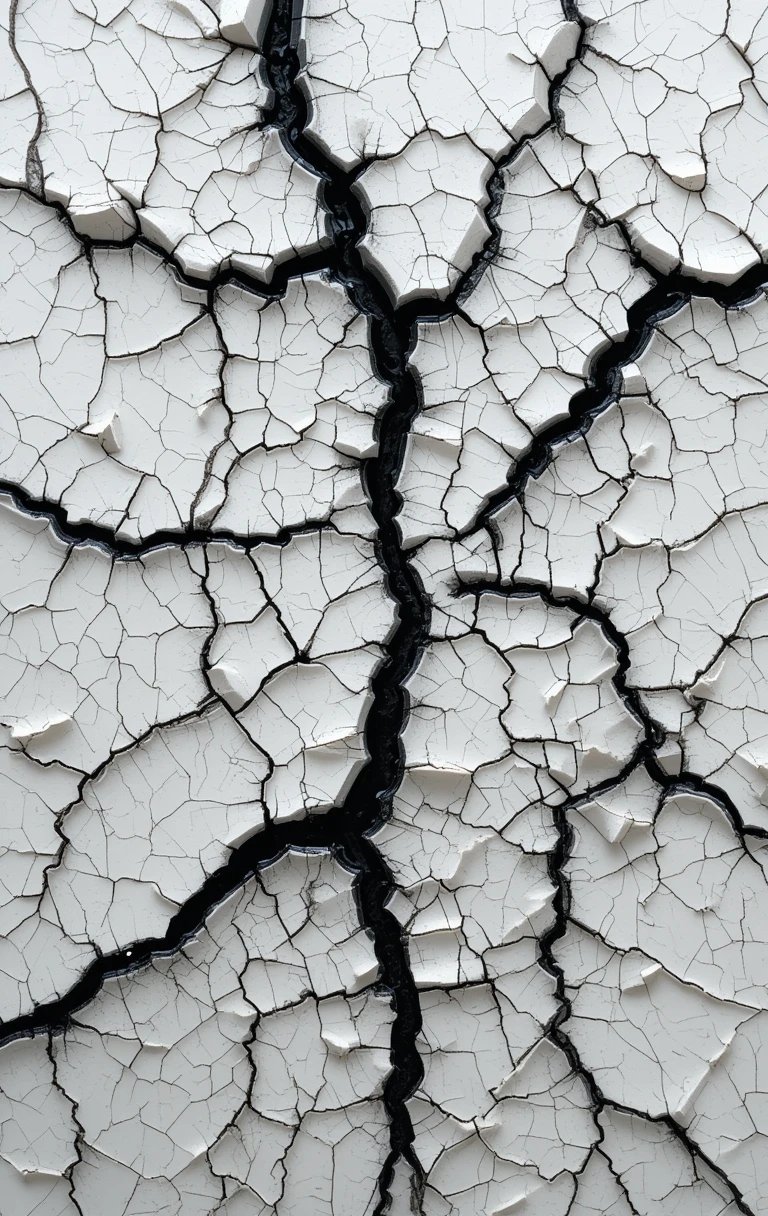 Focuses on the branching cracks with subtle color stains in a dry landscape feel.