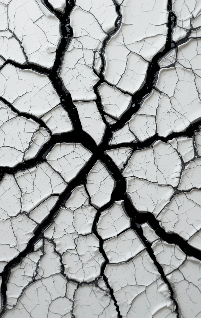 Focuses on the branching cracks with subtle color stains in a dry landscape feel.