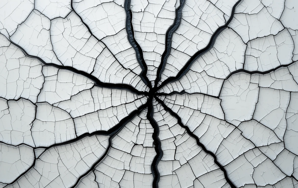 Focuses on the branching cracks with subtle color stains in a dry landscape feel.