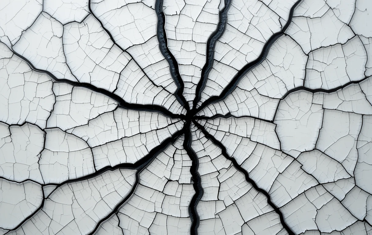 Focuses on the branching cracks with subtle color stains in a dry landscape feel.
