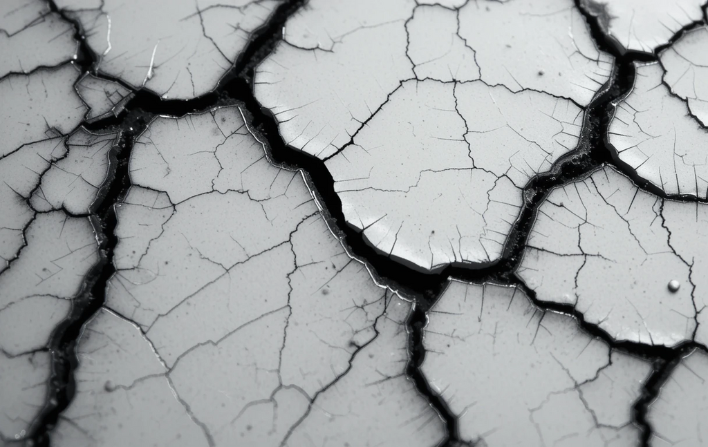 Focuses on the branching cracks with subtle color stains in a dry landscape feel.