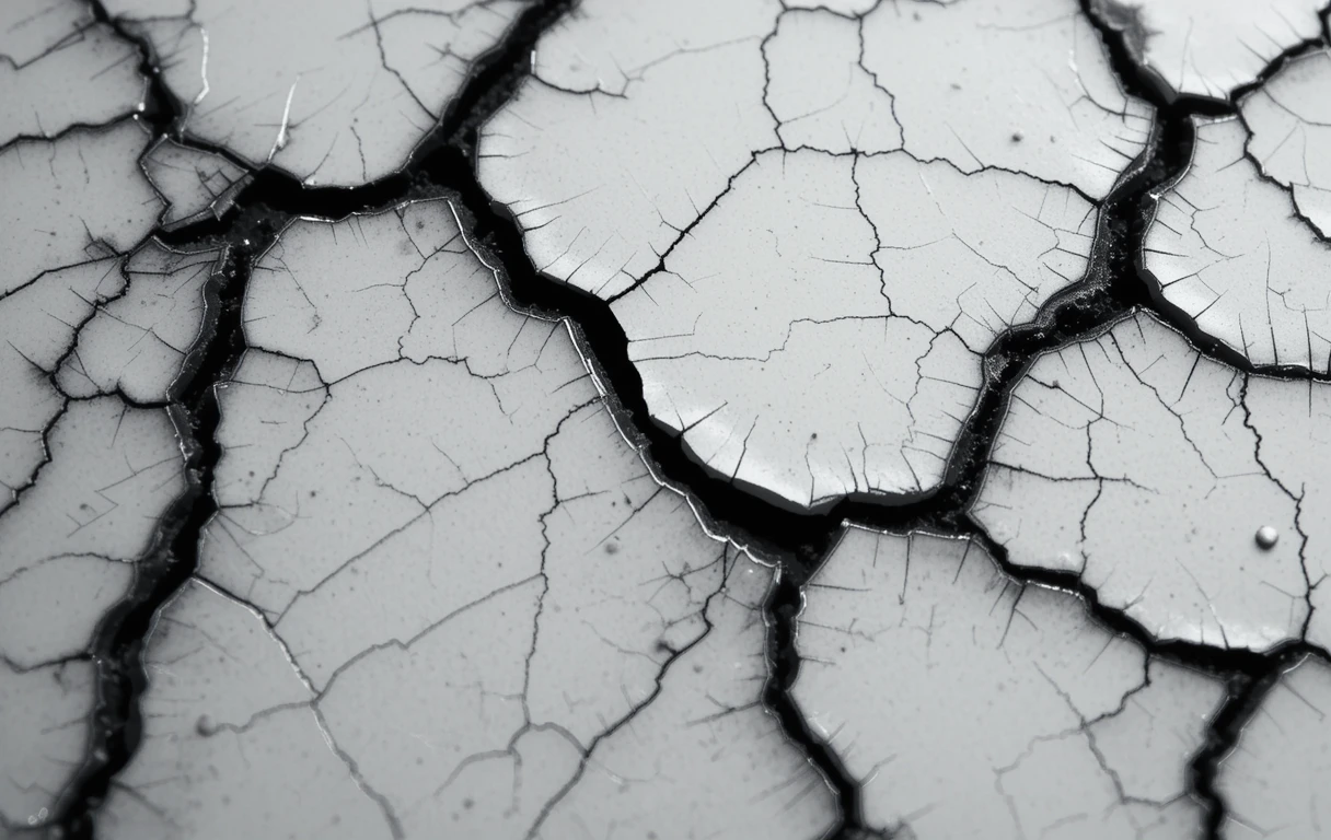 Focuses on the branching cracks with subtle color stains in a dry landscape feel.