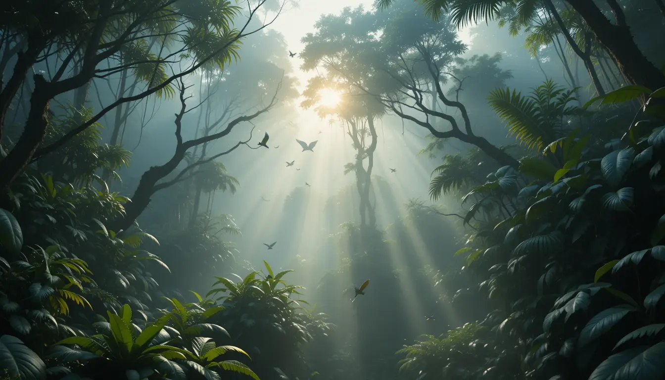 Misty Tropical Jungle with Birds My Store
