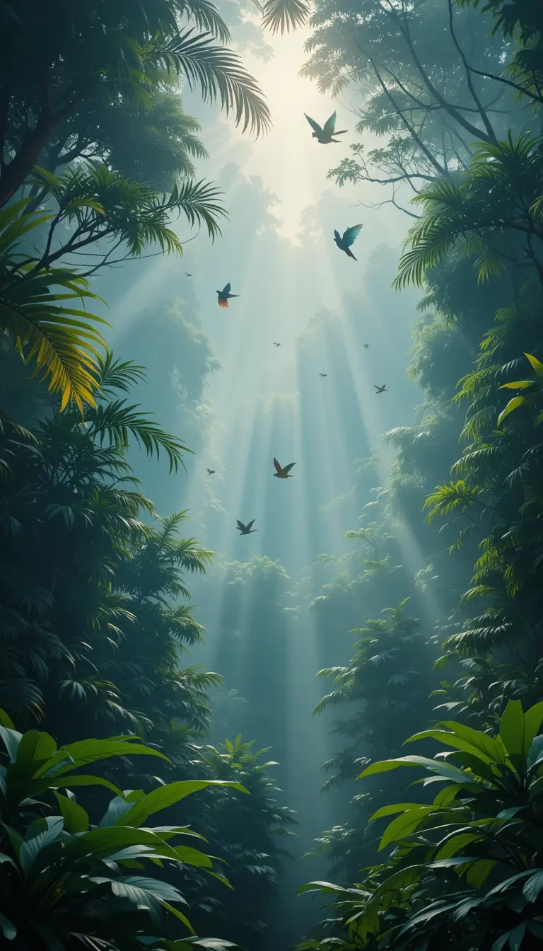 Misty Tropical Jungle with Birds My Store