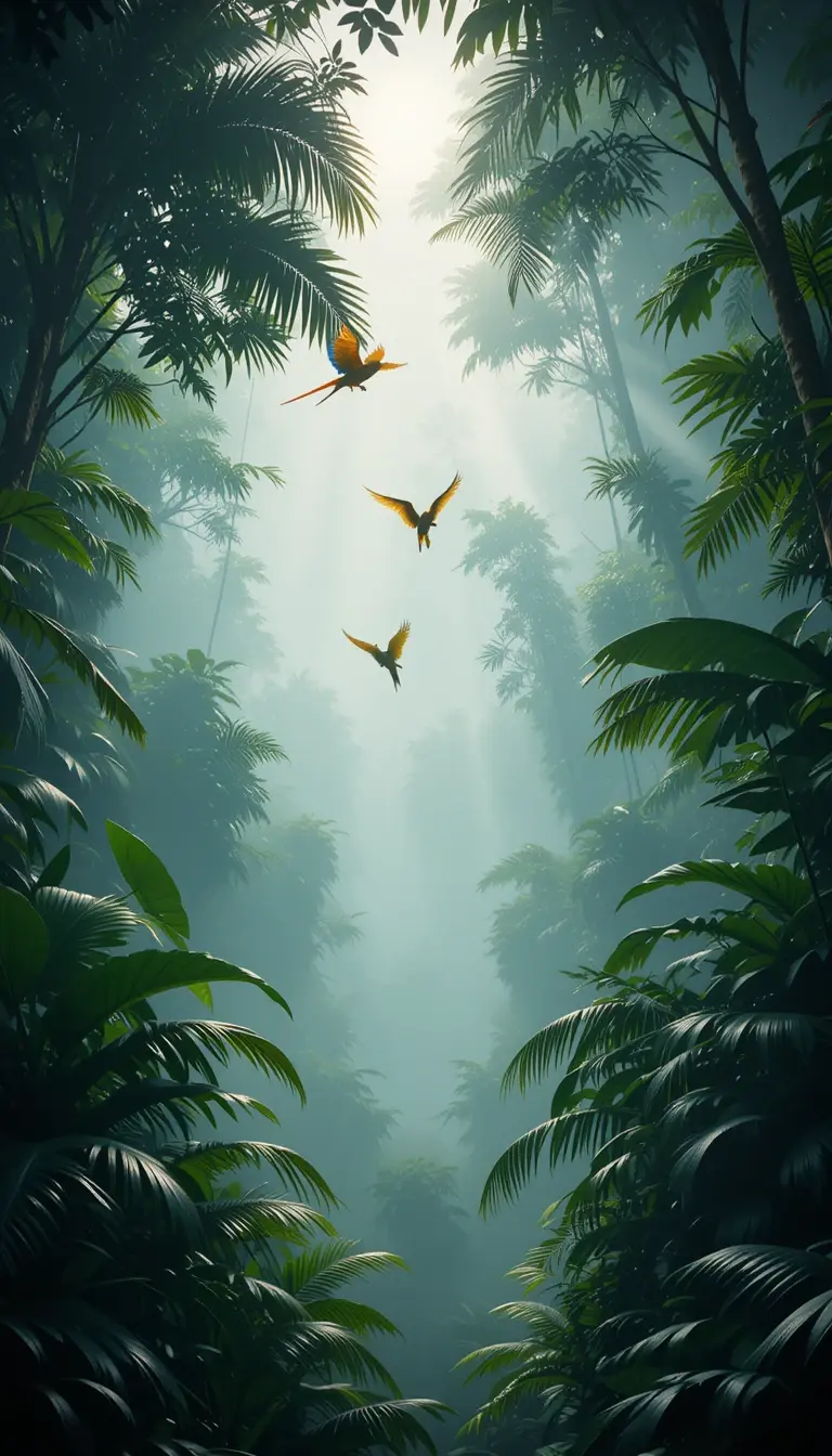Misty Tropical Jungle with Birds My Store