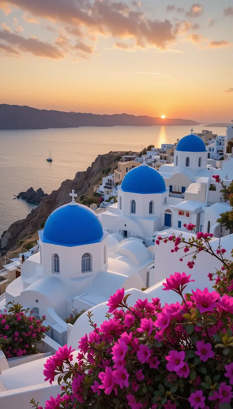Santorini Sunset with Blue Domes My Store
