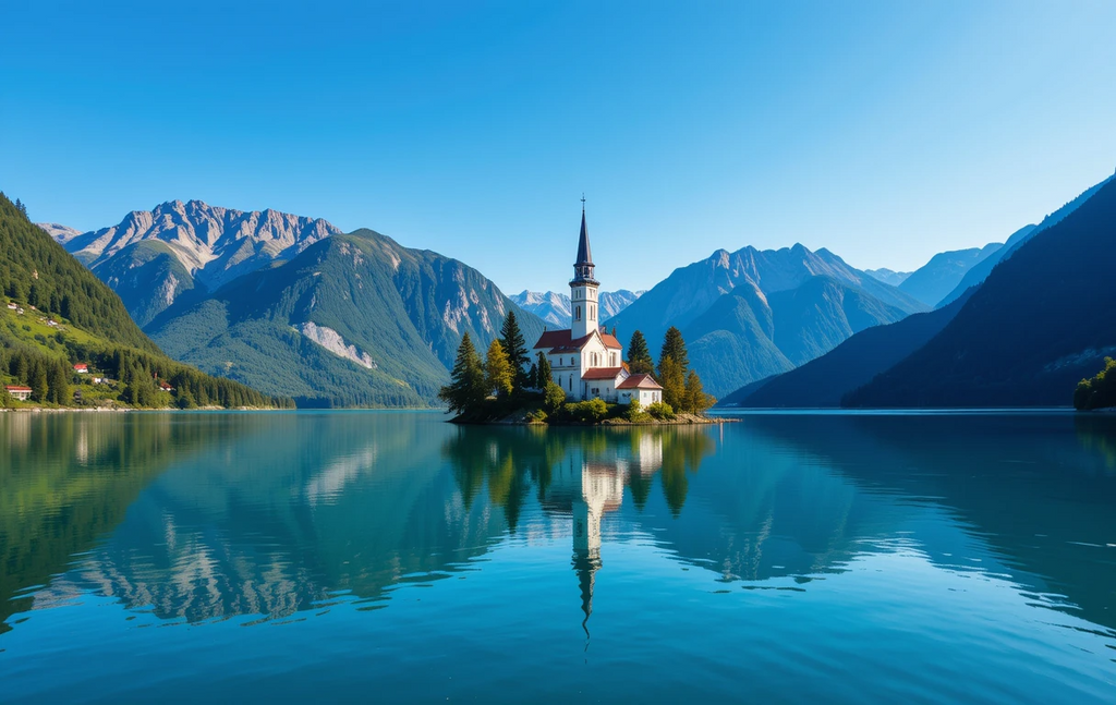 Lake Island Church Panorama Print My Store