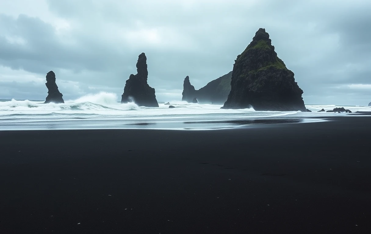 Icelandic Black Sand Beach with Sea Stacks and Cliffs My Store