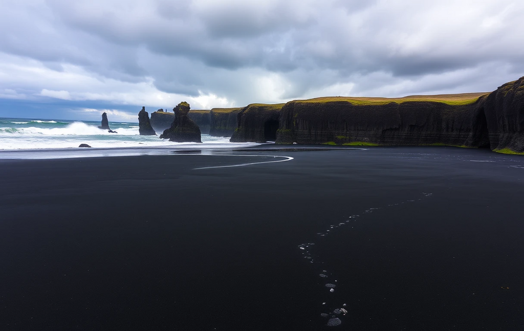Icelandic Black Sand Beach with Sea Stacks and Cliffs My Store