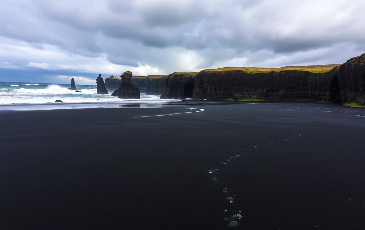 Icelandic Black Sand Beach with Sea Stacks and Cliffs My Store