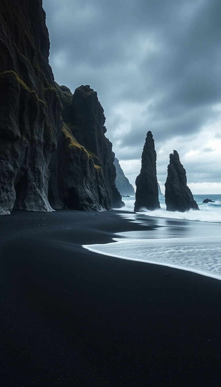Icelandic Black Sand Beach with Sea Stacks and Cliffs My Store